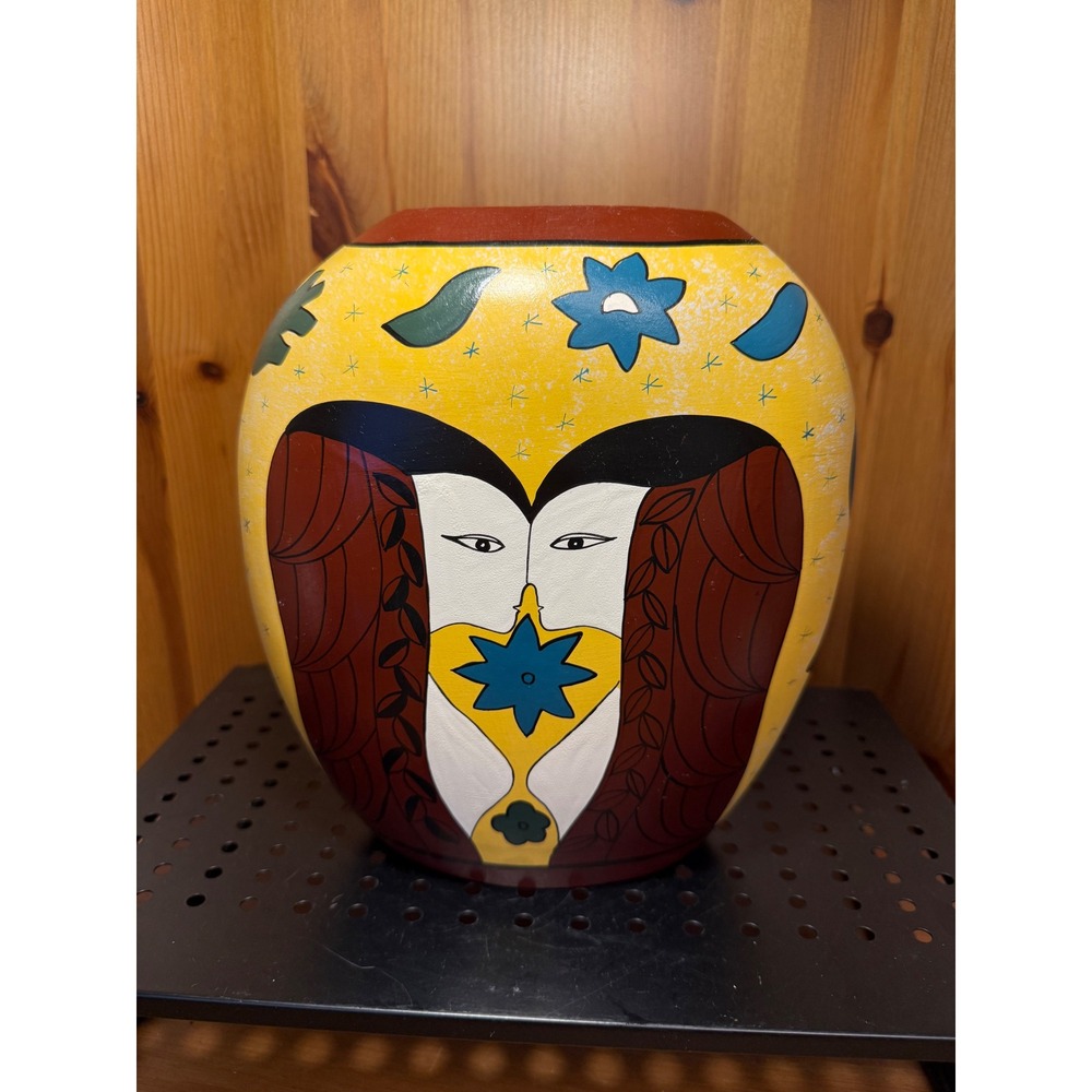 Hand Painted Folk Art Ceramic Vase Double Face Figurative 9.75" Tall